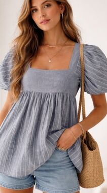 Free People Light Blue Pinstripe Square-Neck Puff Sleeve Tunic